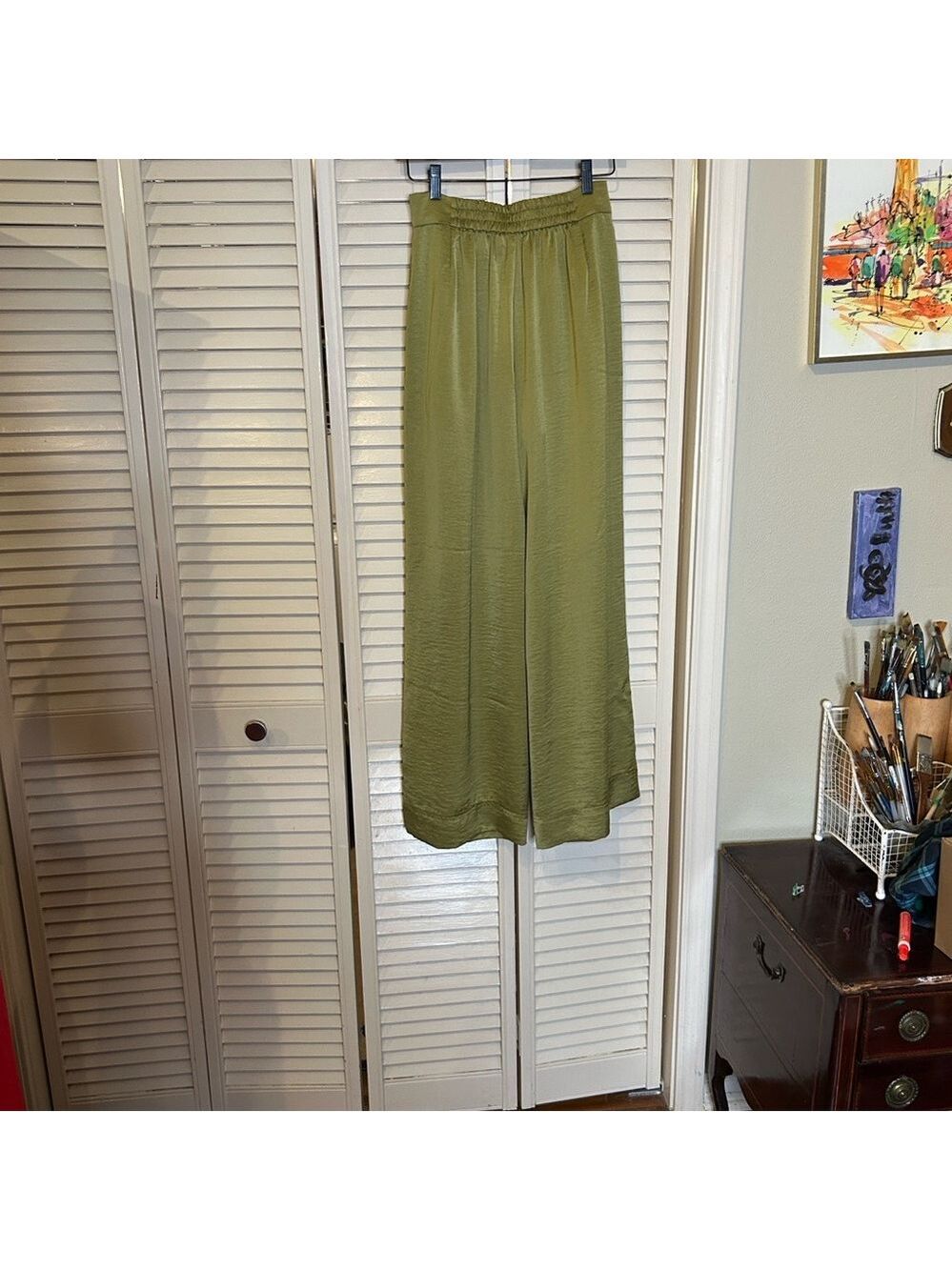 House of Harlow 1960 Olive Satin Wide-Leg Pants | Size Small - Picture 5 of 7